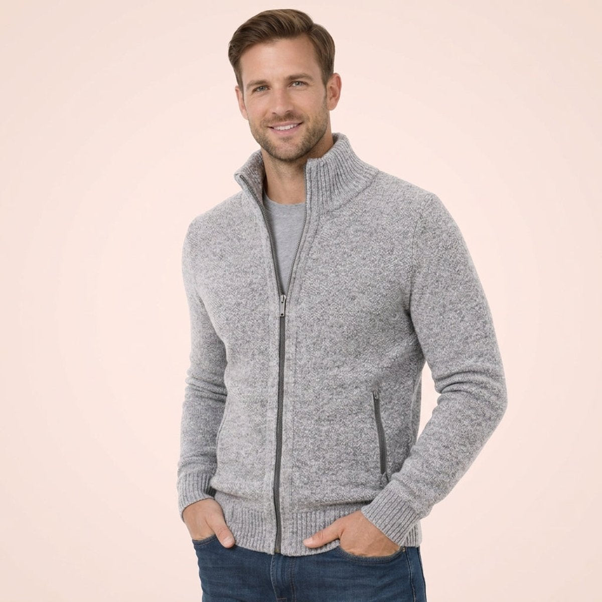Men's Ribbed Full-Zip Sweater with Stand Collar in Gray - view 3