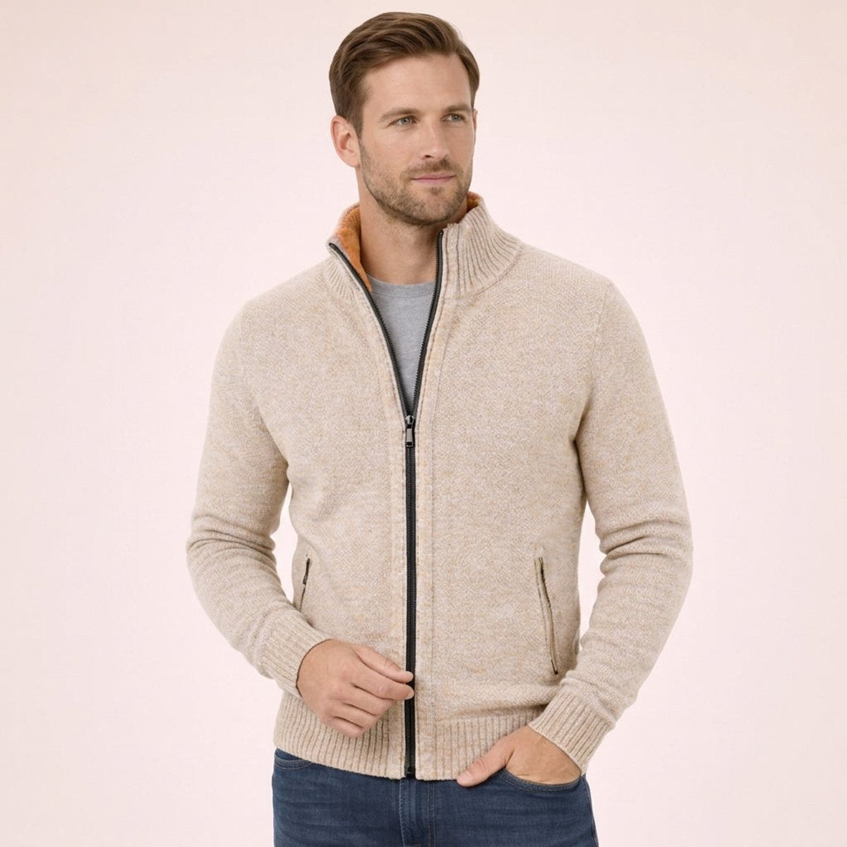 Men's Ribbed Full-Zip Sweater with Stand Collar in Cream - view 4