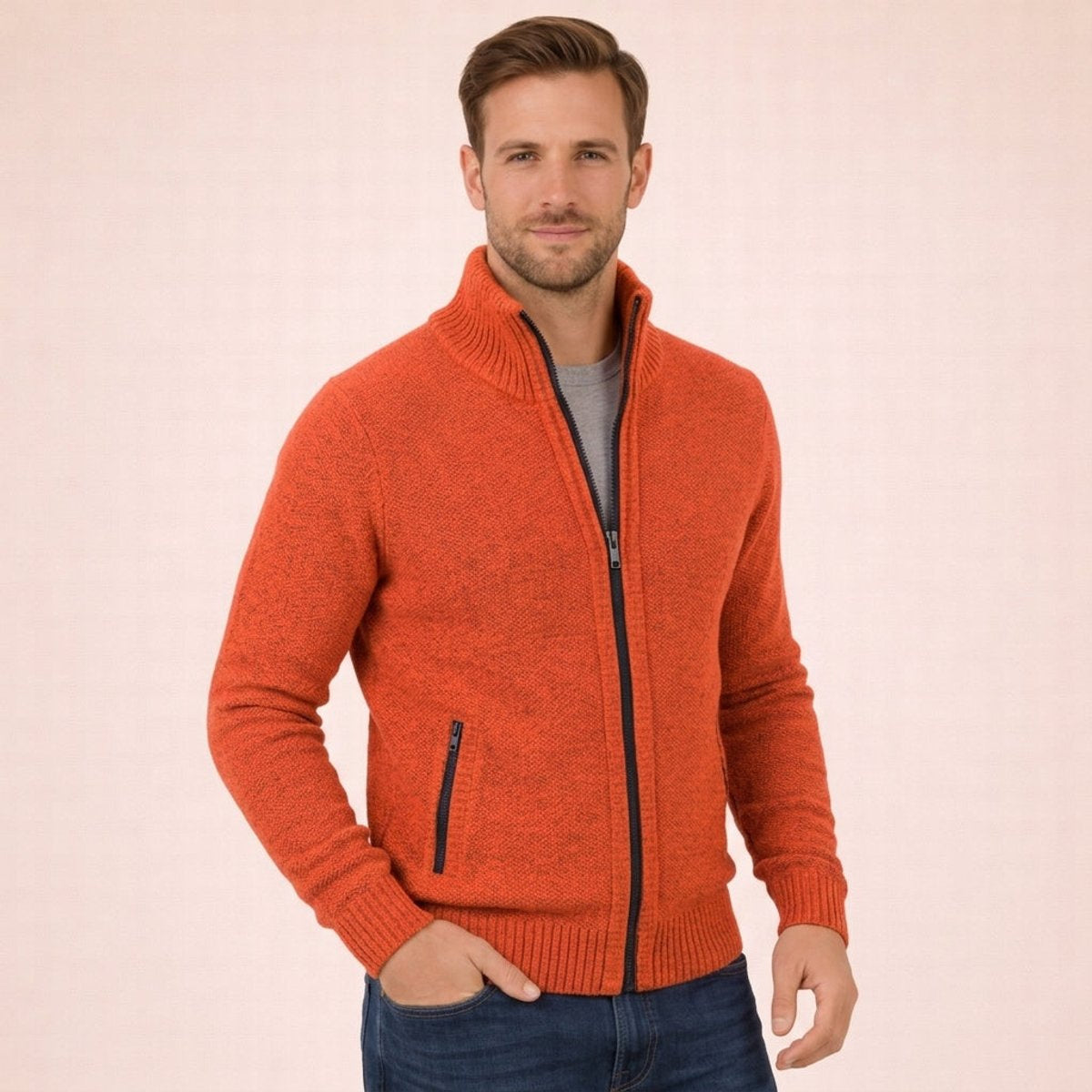Men's Ribbed Full-Zip Sweater with Stand Collar in Orange - view 5