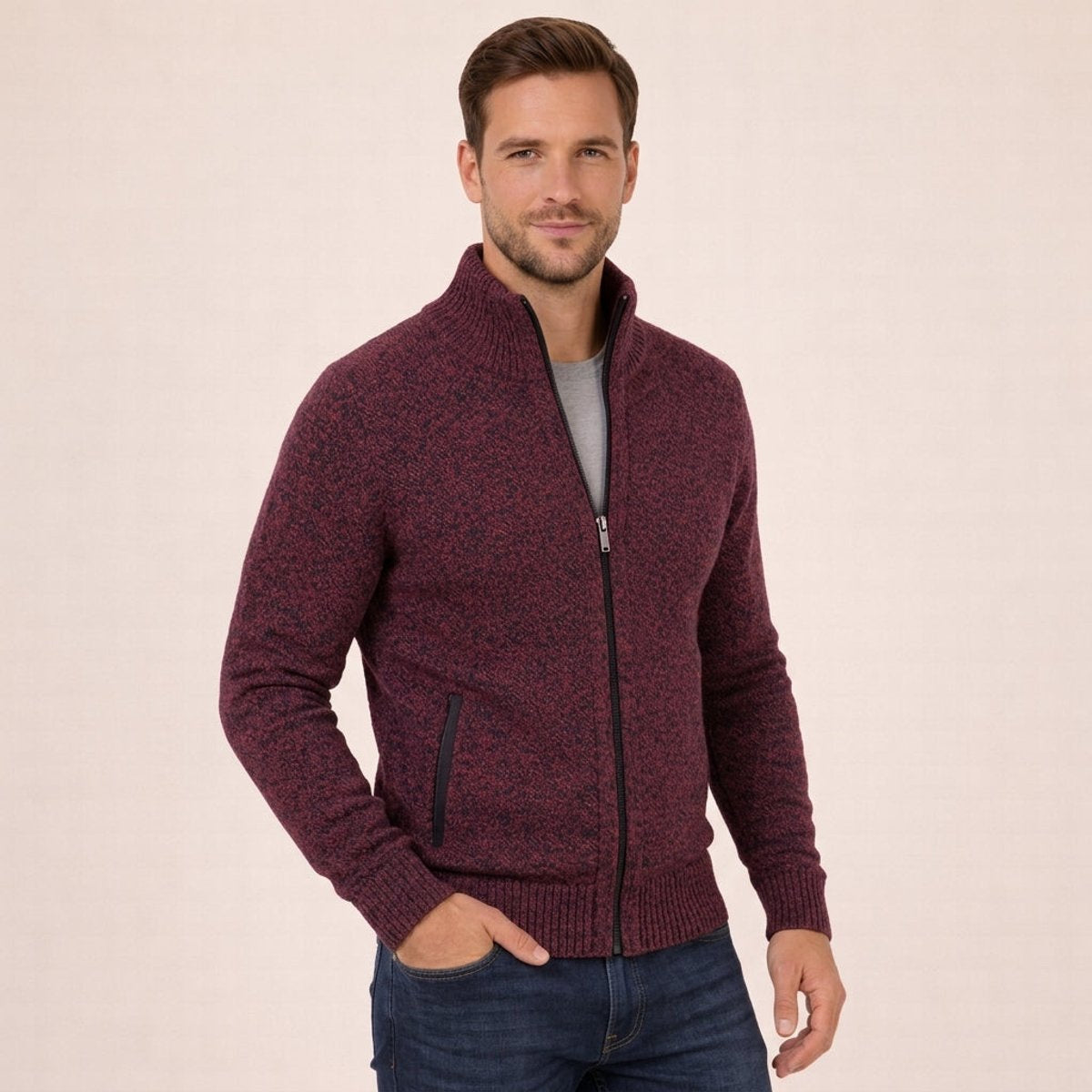 Men's Ribbed Full-Zip Sweater with Stand Collar in Burgundy - view 6