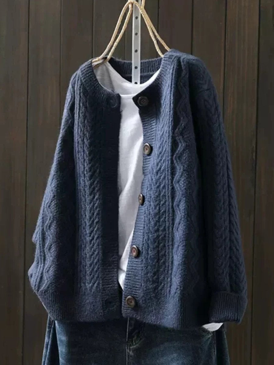 Women's Cable-Knit Oversized Button-Front Cardigan in Navy Blue - view 3