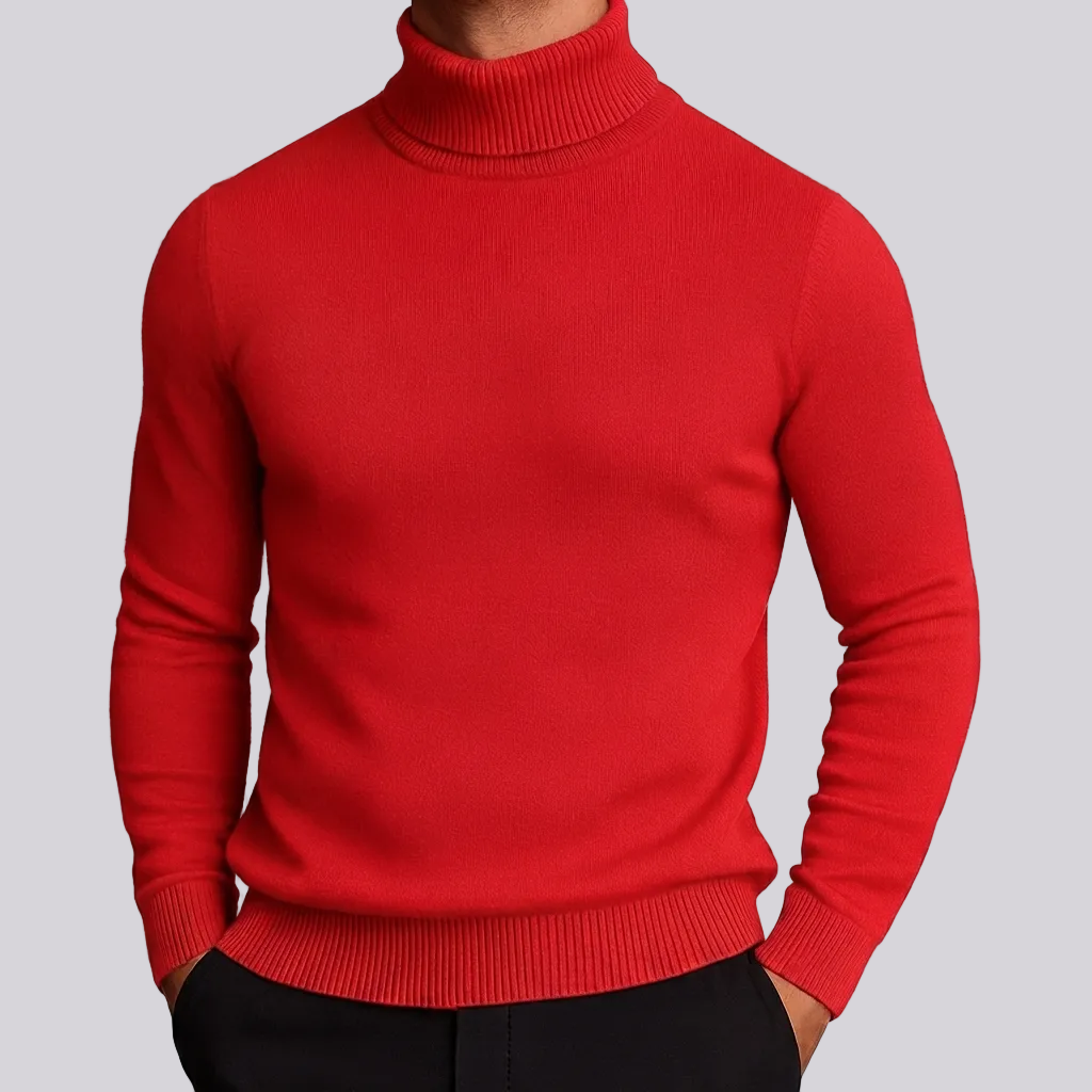 Men's Ribbed Turtleneck Sweater with Ribbed Cuffs in Red - view 1