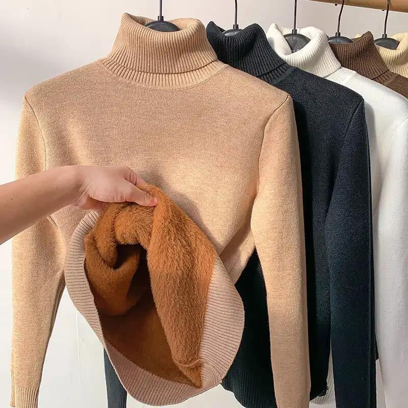 Women's Fleece-Lined Turtleneck Sweater in Beige - view 4