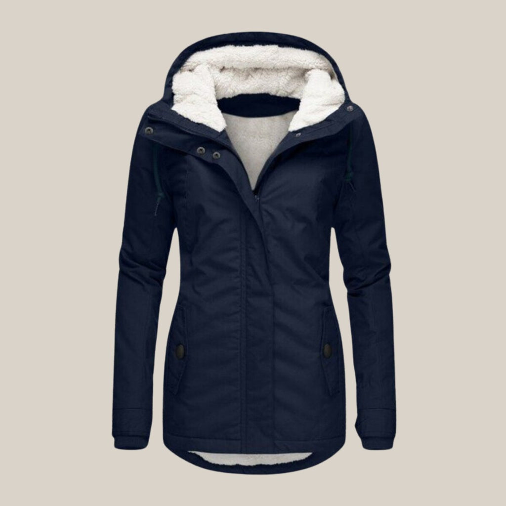 Women's Fleece-Lined Quilted Hooded Parka Coat in Blue - view 2