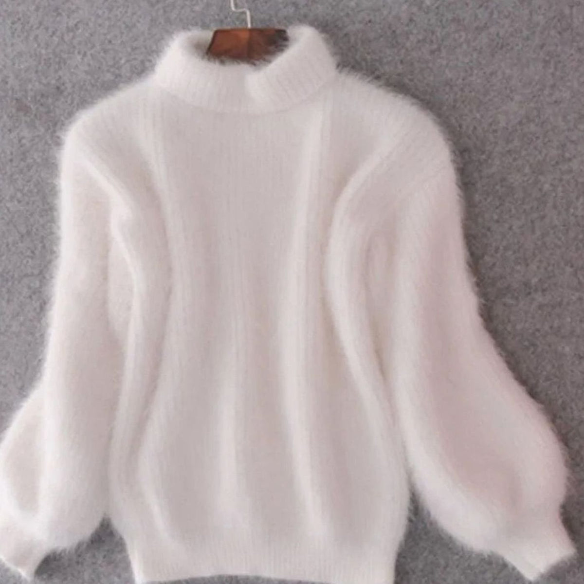 Women's Fuzzy Turtleneck Balloon-Sleeve Sweater in White - view 2