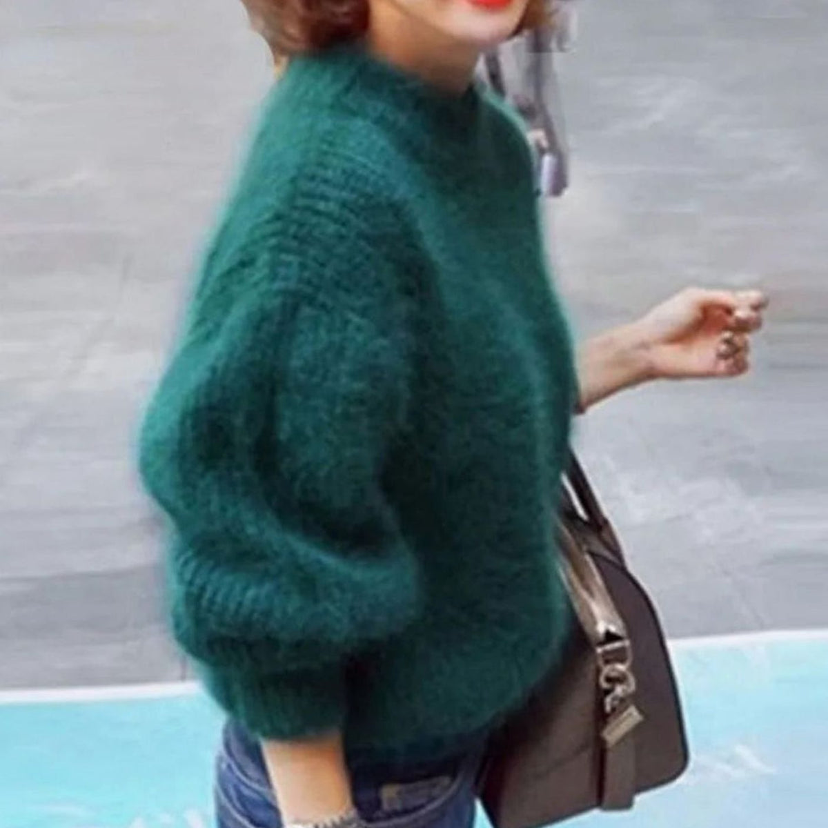Women's Fuzzy Turtleneck Balloon-Sleeve Sweater in Green - view 6