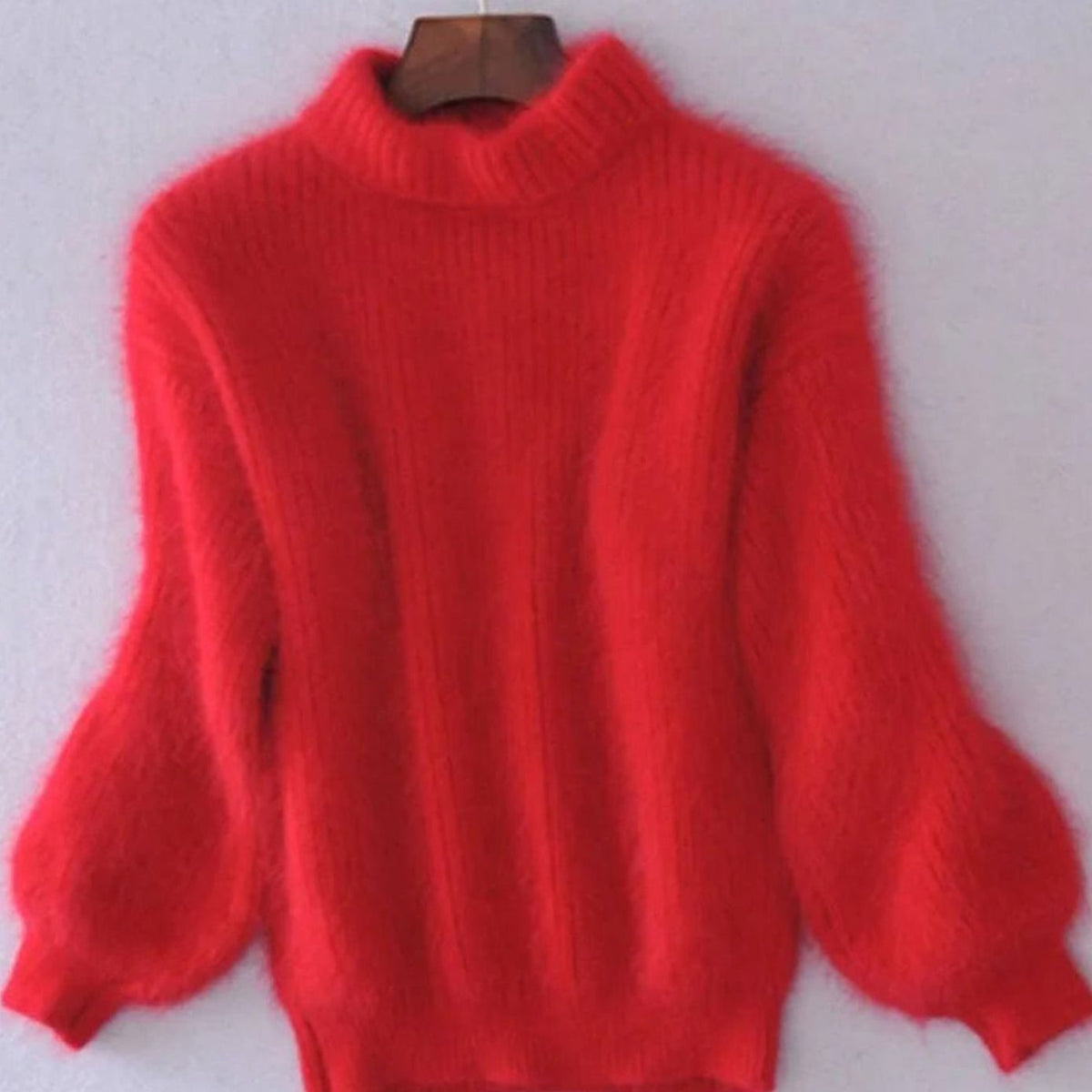 Women's Fuzzy Turtleneck Balloon-Sleeve Sweater in Red - view 7