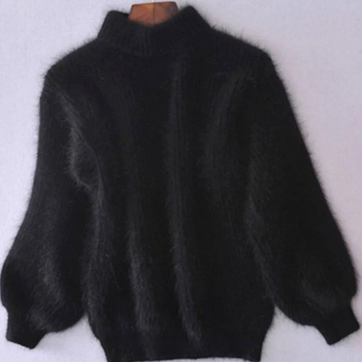 Women's Fuzzy Turtleneck Balloon-Sleeve Sweater in Black - view 8