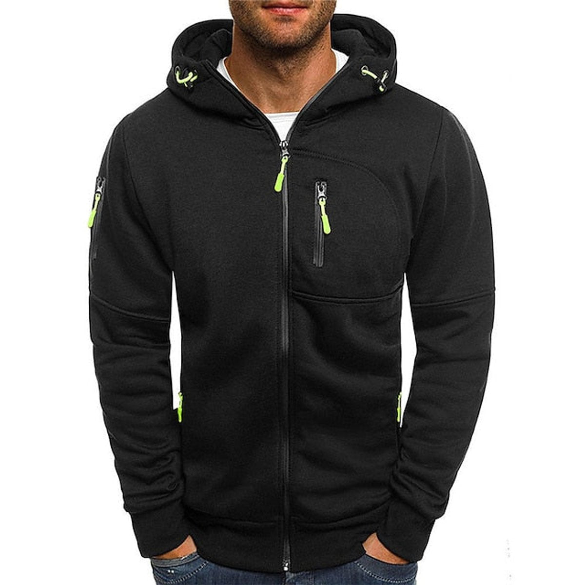 Men's Fleece-Lined Full-Zip Knit Hoodie with Hood in Black - view 2