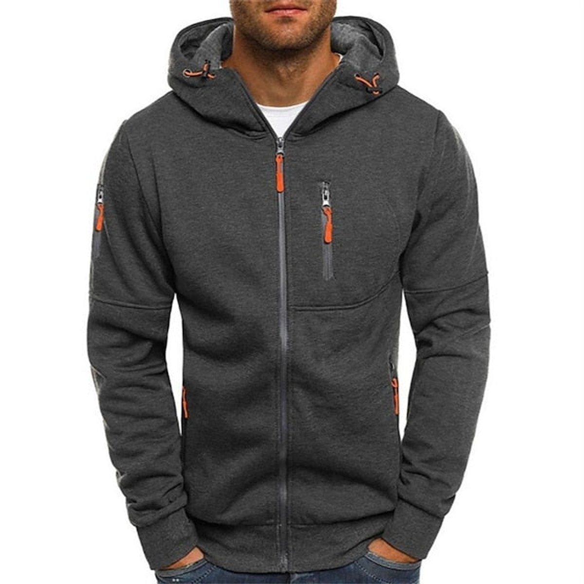 Men's Fleece-Lined Full-Zip Knit Hoodie with Hood in Dark Gray - view 3