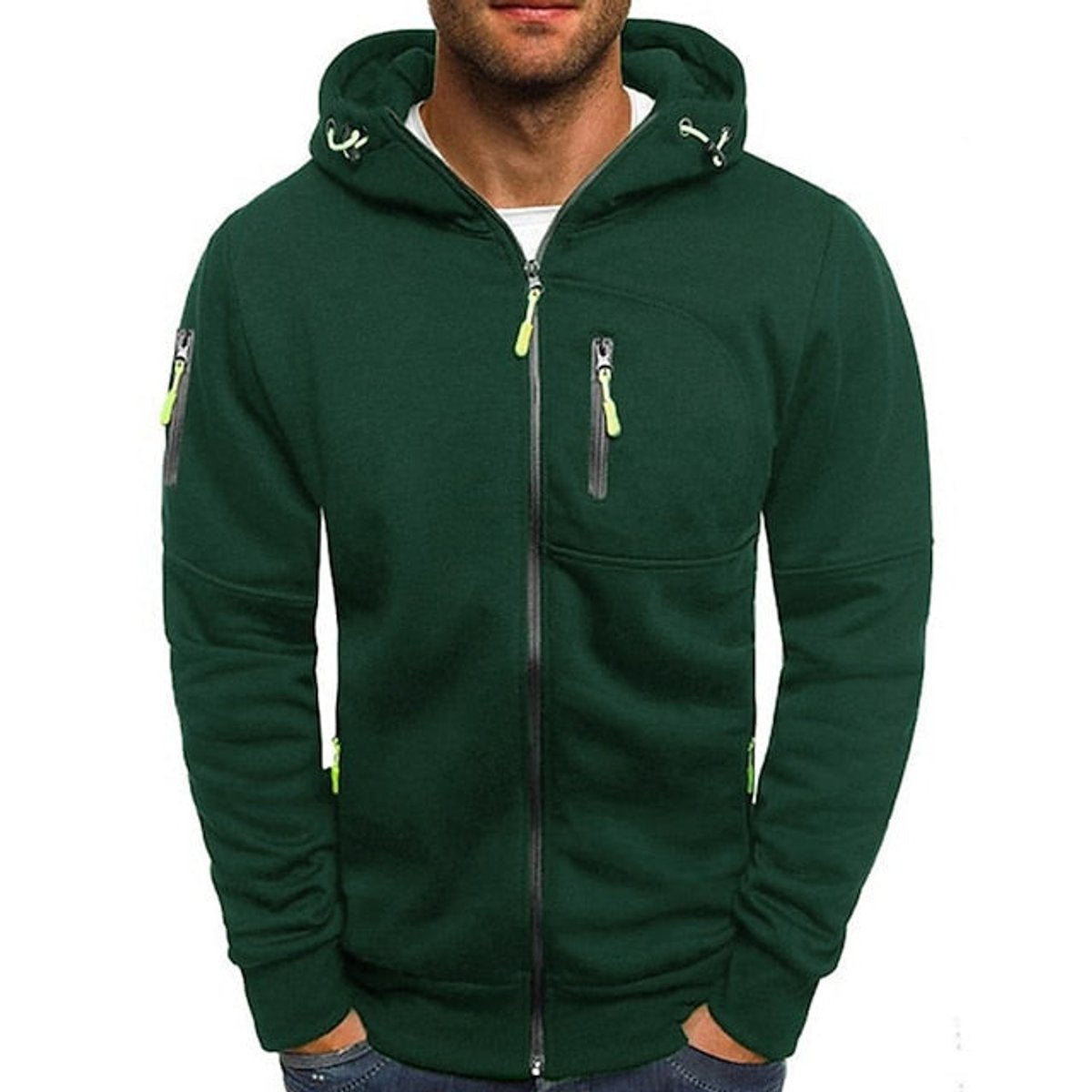 Men's Fleece-Lined Full-Zip Knit Hoodie with Hood in Green - view 4