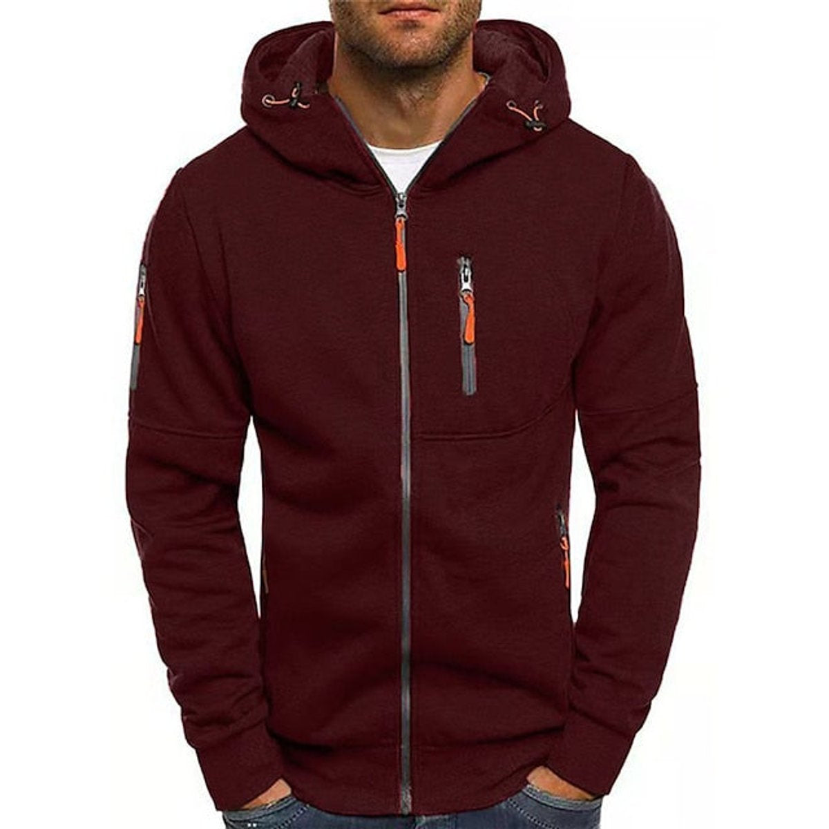 Men's Fleece-Lined Full-Zip Knit Hoodie with Hood in Wine - view 5