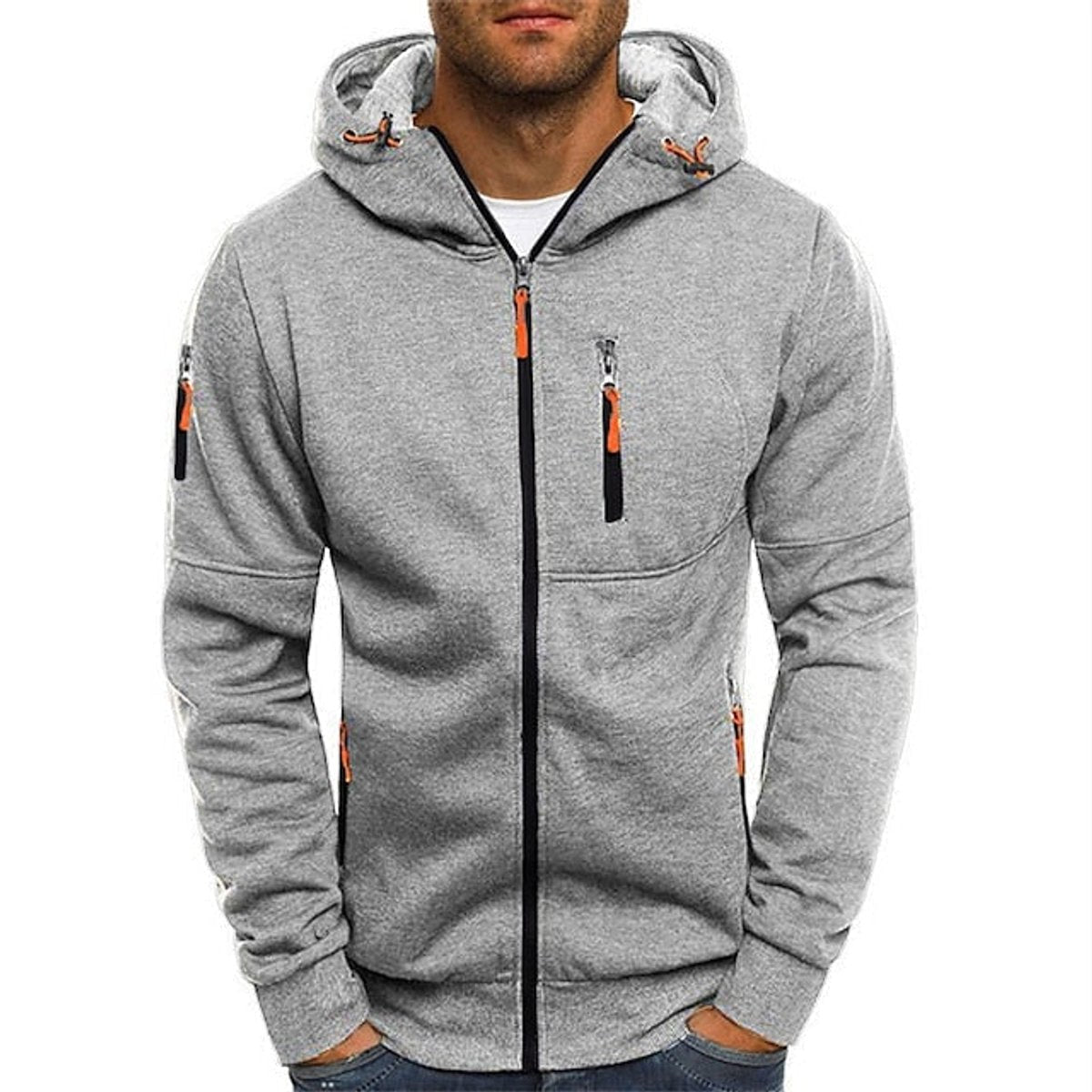 Men's Fleece-Lined Full-Zip Knit Hoodie with Hood in Light Gray - view 7
